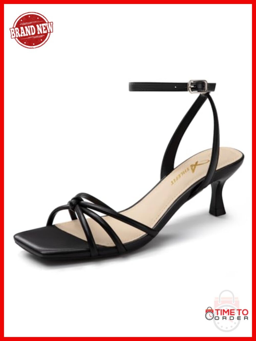 Kitten Heel Strappy Sandals Square Toe PU Ankle Strap Dressy